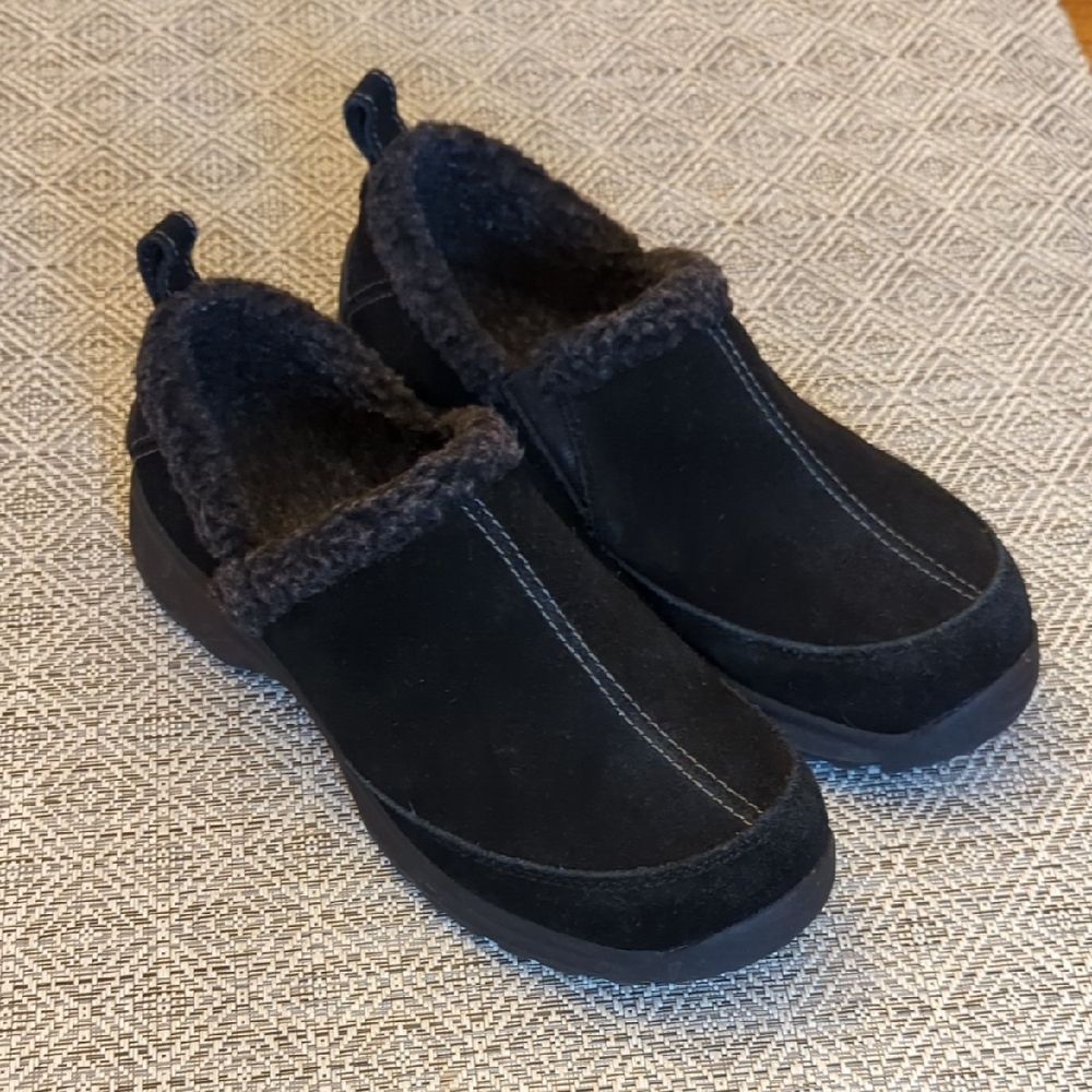 Lands End Chalet Clog Black Suede Faux Fur Lined Slip-On Walking Shoes